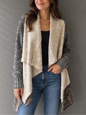 Amuse Society Geometric Waterfall Open Front Cardigan Sweater XS